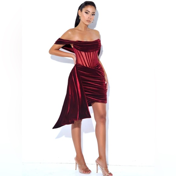 Miss Circle Irisa Burgundy Velvet Draping Off Shoulder Corset Dress Large - Picture 11 of 13